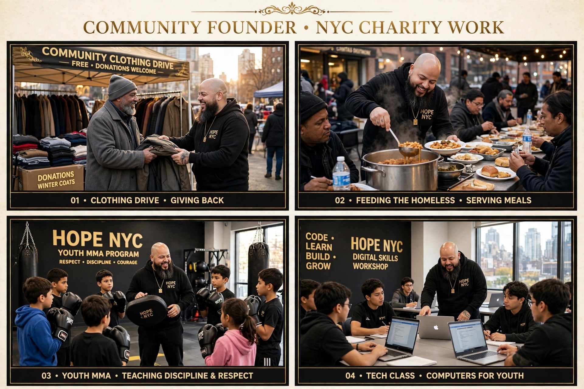 Mr. Ruben Burgos giving back — clothing drive, feeding the homeless, youth martial arts, and computer classes